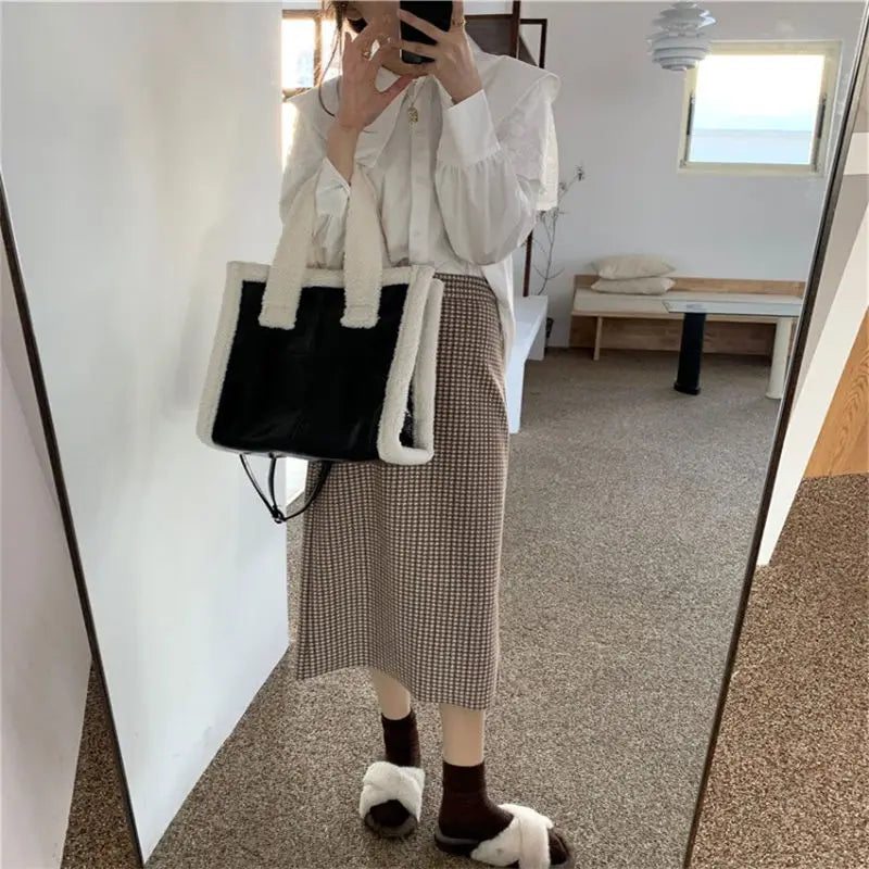 Winter Lambswool PU Patchwork Shoulder Bags Women Texture Underarm
