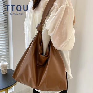 Winter Large Handbag Vintage PU Leather Shoulder Bags Solid Shopping Tote for Wo