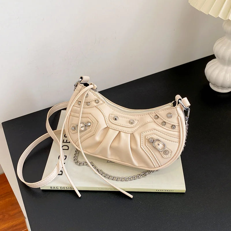 Rivet Half Moon Hobo Bag with Purse, Punk Style Lady Shoulder Bag