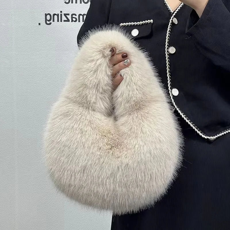 Winter Woven Handle Bag Women Handbag Soft Warm Faux Fur Shoulder Crossbody Bag
