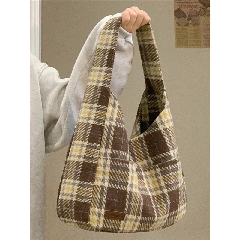 Winter Women's Casual Plaid Shoulder Bag Vintage Canvas Handbag