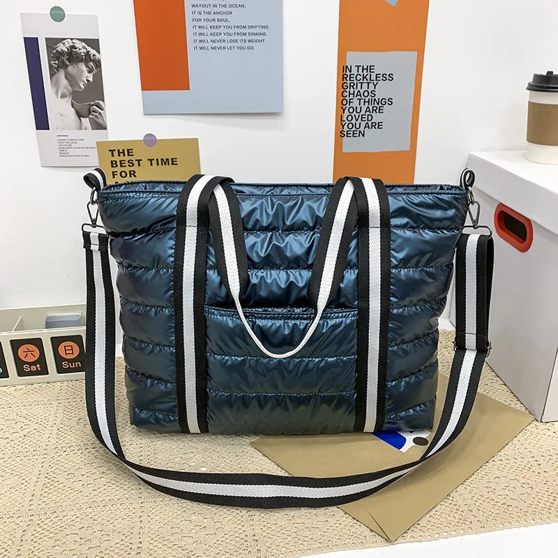 Women's Winter Nylon Shoulder Bag Large Capacity Quilted Lattice