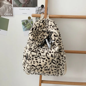 Winter Plush Bag Casual Backpack School Shoulder Bags Cow Leopard Pattern