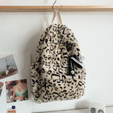 Winter Plush Bag Casual Backpack School Shoulder Bags Cow Leopard Pattern