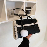 Winter Plush Shoulder Bag with Wool Ball Pendant