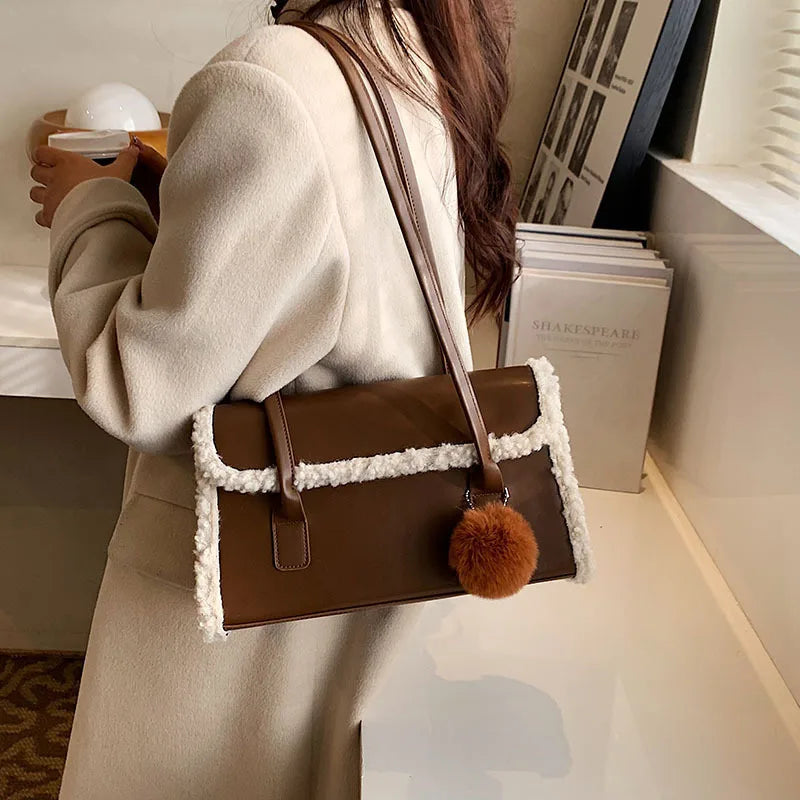 Winter Plush Shoulder Bag with Wool Ball Pendant