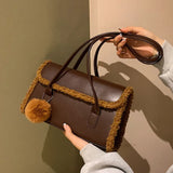 Winter Plush Shoulder Bag with Wool Ball Pendant