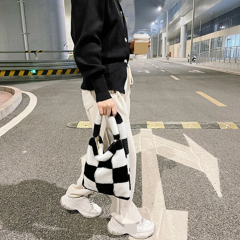 Winter Plush Checkered Print Shoulder Bag Women Contrast Shopping Bags