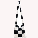 Winter Plush Checkered Print Shoulder Bag Women Contrast Shopping Bags