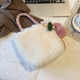Winter Plush Cherry Shoulder Bag Women Cross-body Furry Bucket Handbag