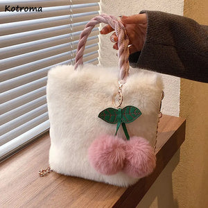 Winter Plush Cherry Shoulder Bag Women Cross-body Furry Bucket Handbag