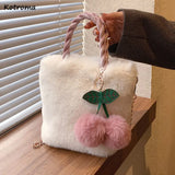 Winter Plush Cherry Shoulder Bag Women Cross-body Furry Bucket Handbag