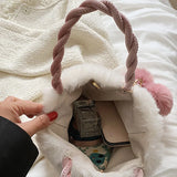 Winter Plush Cherry Shoulder Bag Women Cross-body Furry Bucket Handbag