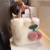 Winter Plush Cherry Shoulder Bag Women Cross-body Furry Bucket Handbag