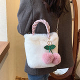 Winter Plush Cherry Shoulder Bag Women Cross-body Furry Bucket Handbag