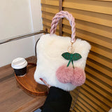 Winter Plush Cherry Shoulder Bag Women Cross-body Furry Bucket Handbag