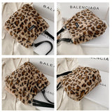 Leopard Print Plush Mini Bag Shoulder Bucket Bags for Women