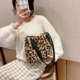 Leopard Print Plush Mini Bag Shoulder Bucket Bags for Women