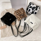 Leopard Print Plush Mini Bucket Bag for Women Velvet Underarm Bag