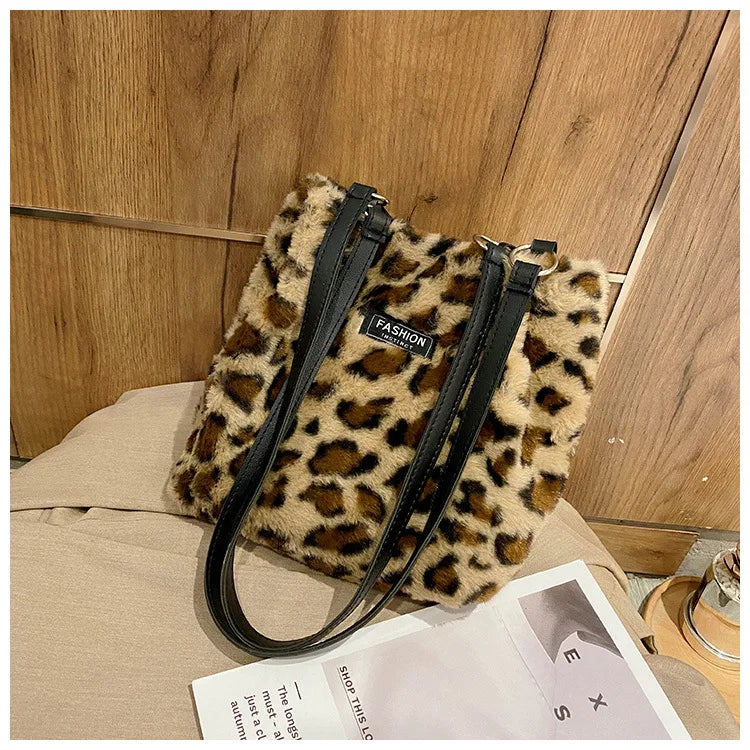 Leopard Print Faux Fur Shoulder Bucket Bag for Women