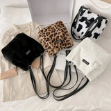 Leopard Print Faux Fur Shoulder Bucket Bag for Women