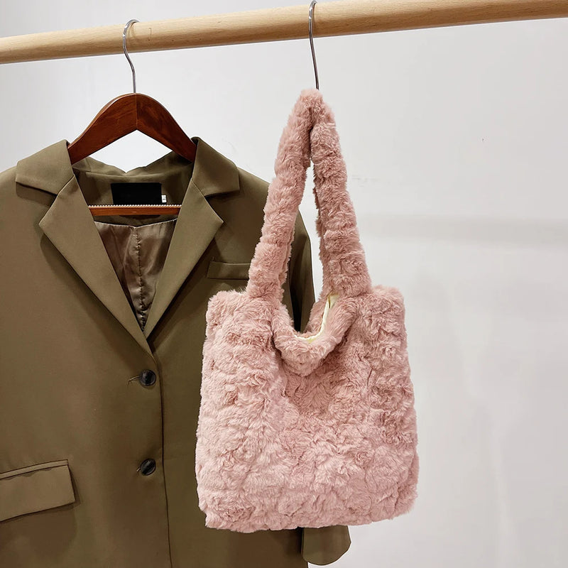 Winter Rose Pink Plush Shoulder Bag Fluffy Tote Underarm Handbag
