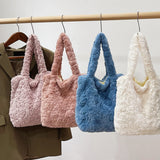 Winter Rose Pink Plush Shoulder Bag Fluffy Tote Underarm Handbag