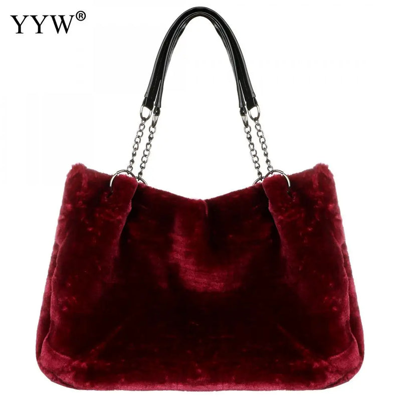 Women's Winter Shoulder Bag Large Faux Fur Handbag Chain Strap Evening Purse