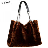 Women's Winter Shoulder Bag Large Faux Fur Handbag Chain Strap Evening Purse