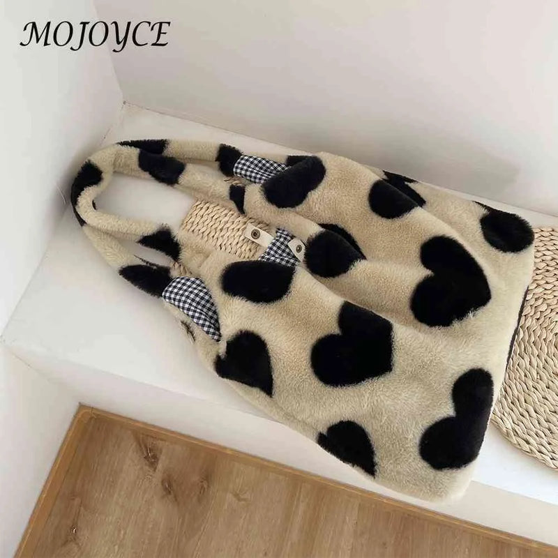 Winter Shoulder Handbags Large Capacity Soft Plush Clutch Bag Love Heart Fluffy