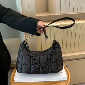 Winter Soft Cotton Women's Shoulder Bags Solid Nylon Plaid Handbags And Purses