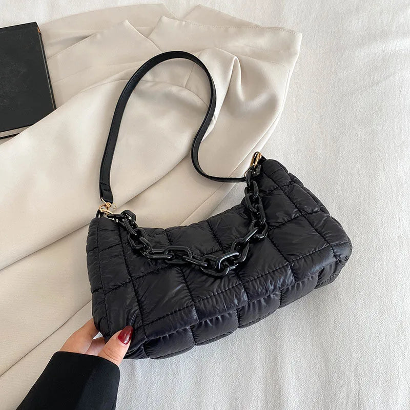 Winter Soft Cotton Women's Shoulder Bags Solid Nylon Plaid Handbags And Purses