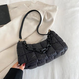 Winter Soft Cotton Women's Shoulder Bags Solid Nylon Plaid Handbags And Purses