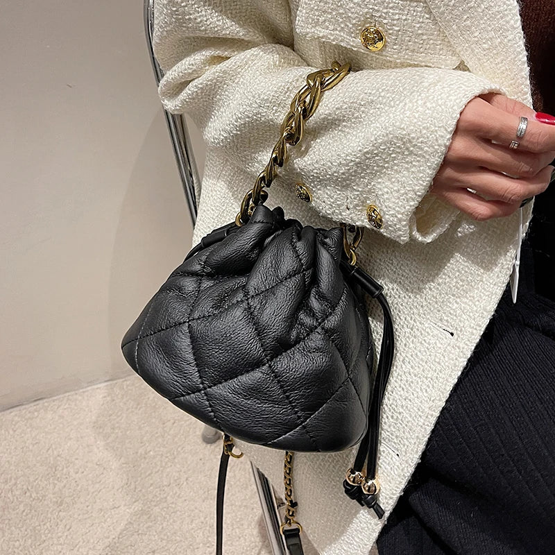 Winter Soft PU Leather Bucket Ladies Crossbody Bag Chain Lattice Barrel Shape