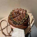 Winter Soft PU Leather Bucket Ladies Crossbody Bag Chain Lattice Barrel Shape
