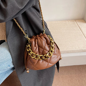 Winter Soft PU Leather Bucket Ladies Crossbody Bag Chain Lattice Barrel Shape