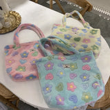Winter Soft Plush Girls Floral Shoulder Bag Flower Women Faux Fur Casual Tote Ba