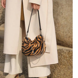 Soft Plush Leopard Print Women Shoulder Bag Vintage Female Tote Purse Handbags