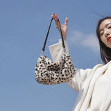 Soft Plush Leopard Print Women Shoulder Bag Vintage Female Tote Purse Handbags