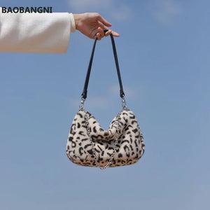 Soft Plush Leopard Print Women Shoulder Bag Faux Fur Ladies Tote Purse Handbag