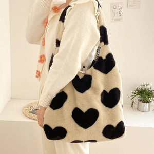 Winter Top-handle Love Heart Fluffy Shopping Bag for Women