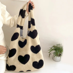 Winter Top-handle Love Heart Fluffy Shopping Bag for Women