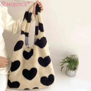 Winter Top-handle Bags Large Capacity Soft Plush Shopping Bag Love Heart Fluffy