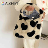 Winter Tote Bag Fluffy Sweet Love Heart Soft Plush Top-handle Purse