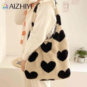 Winter Tote Bag Fluffy Sweet Love Heart Soft Plush Top-handle Purse
