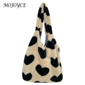 Winter Tote Handbags Large Capacity Plush Shopping Bag Love Heart Sweet Female P