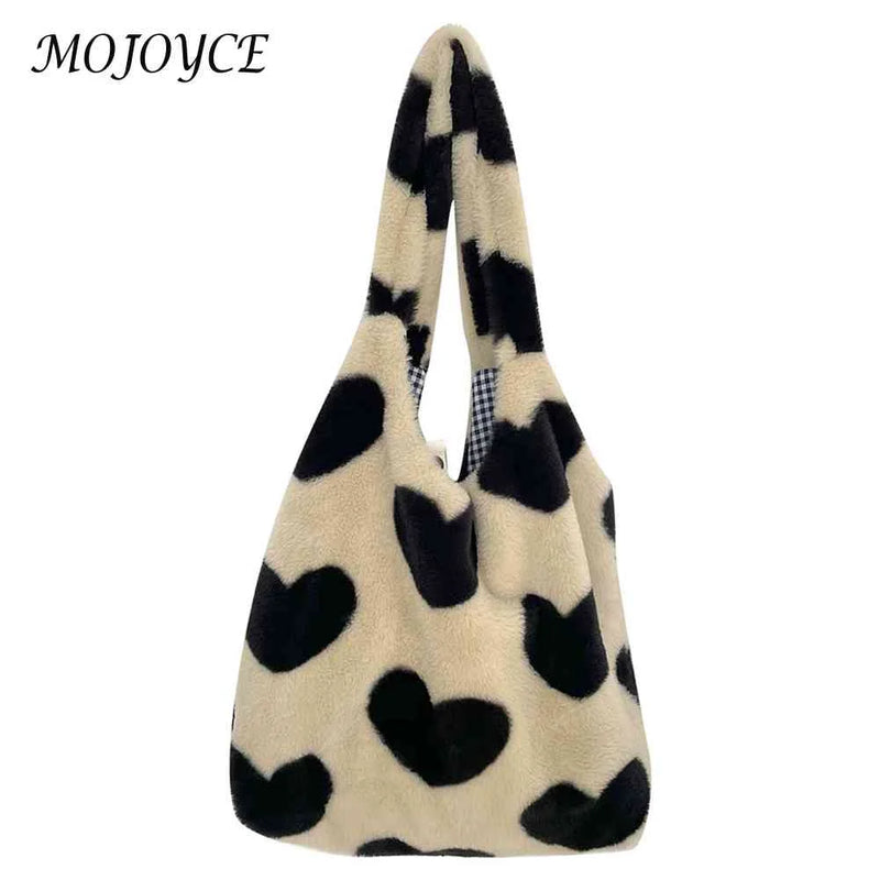 Winter Tote Handbags Large Capacity Plush Shopping Bag Love Heart Sweet Female P
