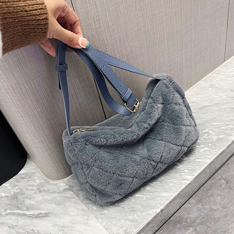 Winter Plush Rhombus Faux Fur Handbag Tote Purse Ladies Shoulder Bag
