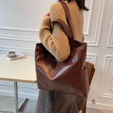 Winter Vintage Brown Shoulder Bag Women Textured PU Leather Underarm Tote