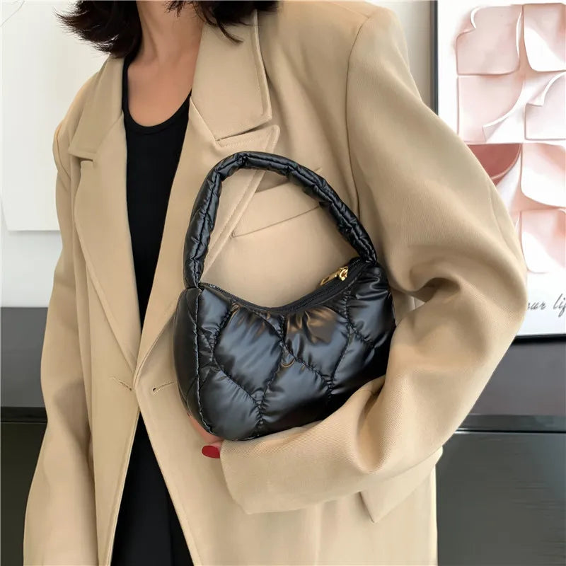 Silver Quilted Bubble Tote Handbag Lightweight Pu Feather Padded Underarm Hobo B